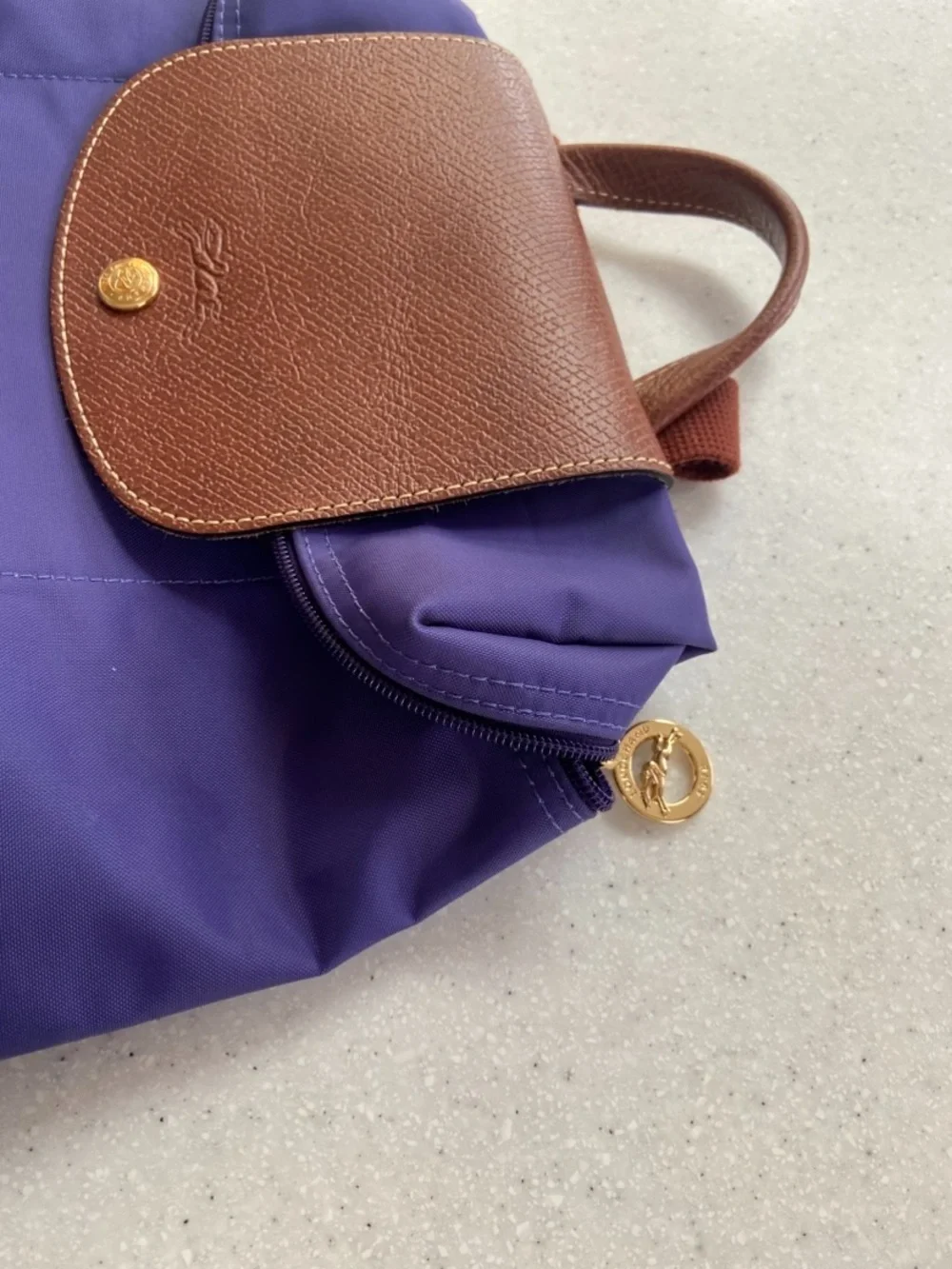 Purple Longchamp Le Pliage Lined Nylon Mini Backpack with Cognac Trim - Picture 12 of 16